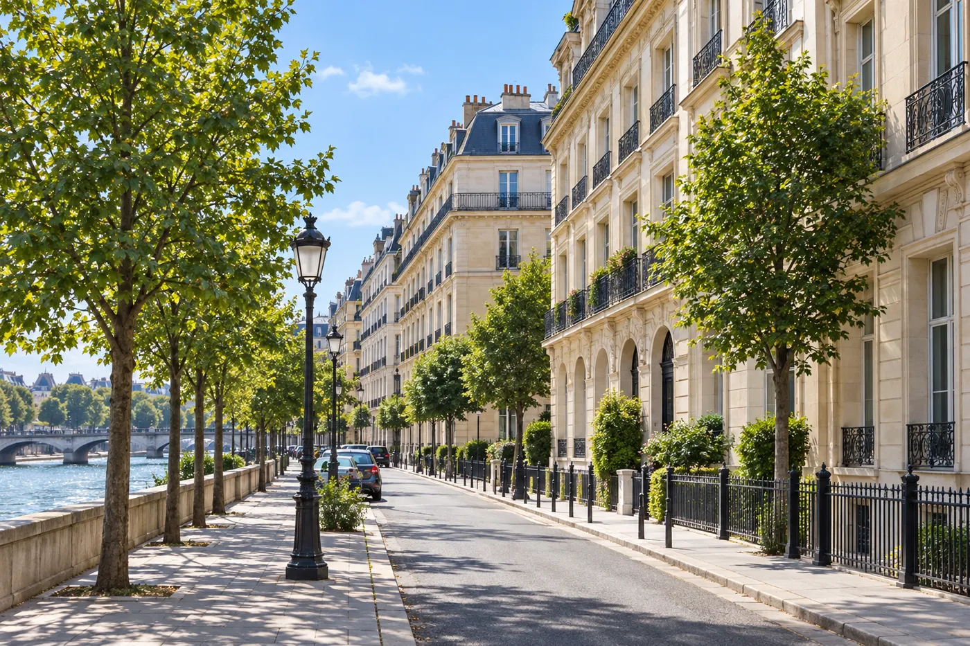 Quai arboré bordé d'immeubles en pierre de taille à balcons en fer forgé, le long de la Seine
