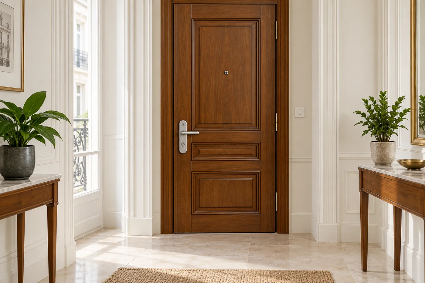 Porte d'entrée blindée en bois foncé avec poignée et cylindre neufs, sur un palier clair d'immeuble